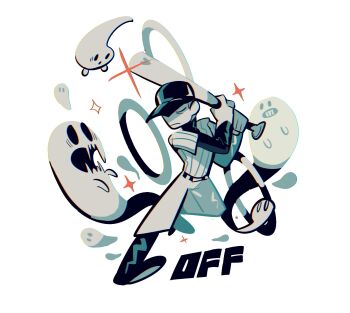 Rule 34 | 1boy, add-on (off), arms up, baseball bat, baseball cap, baseball uniform, belt, closed eyes, closed mouth, commentary request, copyright name, frown, ghost, gogeyama, hat, highres, holding, holding baseball bat, holding weapon, long sleeves, male focus, off (game), open mouth, pants, pinstripe pattern, pinstripe shirt, shirt, shirt tucked in, short hair, short sleeves, solo, sparkle, spectre (off), sportswear, the batter (off), turtleneck, weapon, white background