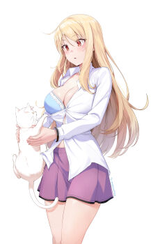 1girl absurdres animal assisted_exposure blonde_hair blue_bra blush bra breasts buttons cat cleavage collared_shirt commentary english_commentary faruhan hair_between_eyes highres holding holding_animal holding_cat large_breasts long_hair long_sidelocks long_sleeves looking_ahead parted_lips pet purple_skirt red_eyes sakura-sou_no_pet_na_kanojo shiina_mashiro shirt sidelocks simple_background skirt solo standing thighs underwear very_long_hair white_background white_cat white_shirt