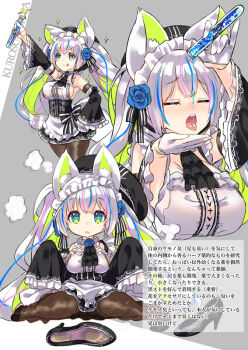 akaza animal_ears breasts detached_sleeves flower flower_on_head gloves green_eyes headdress kurosu_tonya large_breasts long_hair open_mouth original pantyhose potion ribbon-trimmed_skirt ribbon_trim silver_hair transformation