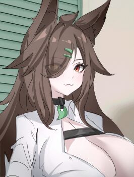 Rule 34 | 1girl, :3, ahoge, animal ears, breasts, brown hair, chinese commentary, cleavage, closed mouth, commentary request, eyes visible through hair, hair over one eye, highres, horse ears, horse girl, huge breasts, light blush, long hair, looking at viewer, manatsu no yo no inmu, meme, mixed-language commentary, orange eyes, original, partial commentary, portrait, shirt, sizhe, sketch, smile, solo, white shirt, yjsnpi interview (meme)