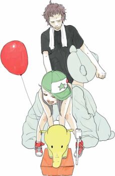 1boy 1girl balloon bottomless commentary copyright_request cosplay elephant flat_chest hetero kigurumi loli ryuko_azuma sex shijuuhatte sketch