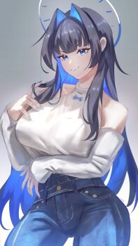 1girl absurdres black_hair blue_eyes blue_hair blue_pants breasts closed_mouth colored_inner_hair commentary cowboy_shot denim detached_sleeves english_commentary grey_background hair_intakes halo hand_up high-waist_pants highres hololive hololive_english jeans large_breasts long_hair long_sleeves multicolored_hair official_alternate_costume official_alternate_hairstyle ouro_kronii ouro_kronii_(casual) pants shirt shirt_tucked_in simple_background sleeveless sleeveless_turtleneck smile solo turtleneck twirling_hair very_long_hair virtual_youtuber white_shirt zarasaru