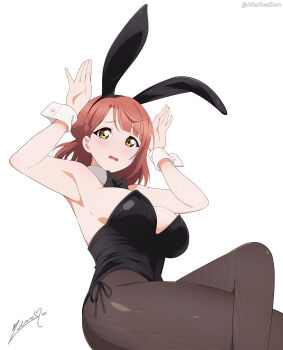 1girl absurdres alterrealzero animal_ear_hairband animal_ears black_bow black_bowtie black_leotard black_pantyhose blunt_bangs bow bowtie breasts brown_eyes commentary crossed_legs detached_collar english_commentary fake_animal_ears hair_bun hairband highres large_breasts leotard looking_at_viewer love_live! love_live!_nijigasaki_high_school_idol_club medium_hair pantyhose playboy_bunny rabbit_ears side-tie_leotard signature simple_background single_side_bun solo strapless strapless_leotard uehara_ayumu white_background wrist_cuffs yellow_eyes
