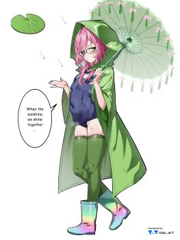 1girl \||/ absurdres arched_back black-framed_eyewear blue_boots blue_one-piece_swimsuit blush boots breasts coat commentary covered_navel english_commentary english_text full_body genderswap genderswap_(mtf) glasses green_coat green_thighhighs green_umbrella hair_between_eyes hair_intakes hands_up highres holding holding_umbrella hood hood_up hooded_coat jitome knees_together_feet_apart lily_pad_(plants_vs._zombies) long_hair looking_at_viewer nisp_art official_art_inset oil-paper_umbrella one-piece_swimsuit open_clothes open_coat parted_lips personification petite pink_hair plants_vs._zombies rain reference_inset rubber_boots sidelocks simple_background sleeves_past_wrists small_breasts solo speech_bubble standing sweat swimsuit thighhighs tsurime twitter_username umbrella white_background yellow_eyes