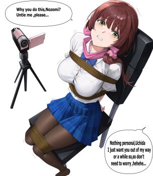 1girl absurdres bdsm black_pantyhose blue_skirt bondage bound breasts brown_hair chair chitose-kun_wa_ramune_bin_no_naka clenched_teeth commission english_text green_eyes highres iqbqlz looking_at_viewer pantyhose restrained shirt simple_background sitting skirt speech_bubble teeth tied_to_chair uchida_yua white_background white_shirt