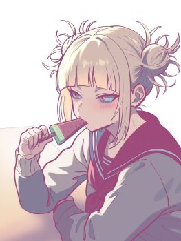 1girl black_sailor_collar blonde_hair blunt_bangs blush boku_no_hero_academia commentary_request double_bun food food_in_mouth fruit hair_bun highres holding holding_food holding_fruit holding_watermelon konbu_babu messy_hair necktie red_necktie sailor_collar school_uniform serafuku shirt solo toga_himiko upper_body watermelon watermelon_slice white_background white_shirt yellow_eyes