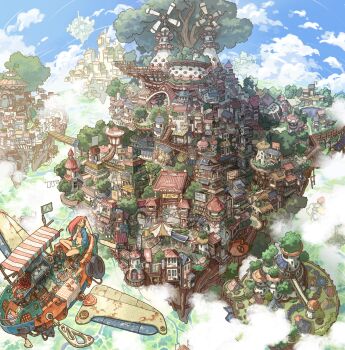 1girl above_clouds ad aircraft blue_jacket blue_sky bra chinese_text cityscape cloud concept_art day eating english_text fantasy floating_city floating_island food green_skirt highres holding holding_food jacket long_hair open_clothes open_jacket original outdoors pink_bra pink_hair scenery skirt sky underwear yomunashi