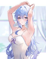 Rule 34 | 1girl, alternate costume, armpits, arms up, blue hair, blurry, blurry background, breasts, closed mouth, collarbone, green eyes, hair between eyes, head wings, highres, honkai: star rail, honkai (series), indoors, kbnimated, letterboxed, long hair, looking to the side, medium breasts, messy hair, outside border, robin (honkai: star rail), solo, upper body, white chemise, wings