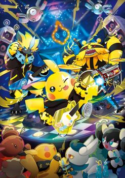 :3 ;3 ;p black_hoodie blue_eyes buneary claws closed_eyes closed_mouth clothed_pokemon colored_sclera concert crazy_straw drink drinking_straw drum drum_set drumsticks electivire electric_guitar electricity fangs flying gen_1_pokemon gen_2_pokemon gen_3_pokemon gen_4_pokemon gen_5_pokemon gen_6_pokemon gen_7_pokemon gothorita guitar heart holding holding_drink holding_drumsticks holding_guitar holding_instrument hood hood_down hoodie instrument legendary_pokemon lightning_bolt_print loudred magnemite meowstic meowstic_(female) mythical_pokemon nintendo no_humans official_art one-eyed one_eye_closed pikachu pokemon pokemon_(creature) pokemon_focus qwilfish red_eyes reo_spikee rotom rotom_(normal) smile speaker stage teeth third-party_source tongue tongue_out vanillite yellow_sclera zeraora