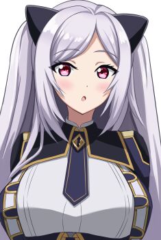 1girl absurdres alexia_midgar blush breasts highres kage_no_jitsuryokusha_ni_naritakute! long_hair looking_at_viewer nagisilon open_mouth red_eyes school_uniform simple_background solo white_background white_hair