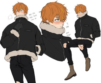 1boy absurdres alternate_costume black_coat black_gloves black_pants blonde_hair blush closed_mouth coat commentary_request covered_mouth earrings fur_trim gloves green_eyes hair_between_eyes hand_in_pocket hand_up high_collar highres hingu_09 invisible_chair jewelry korean_commentary korean_text long_hair long_sleeves male_focus multicolored_hair multiple_views orange_hair pants project_sekai shinonome_akito short_hair simple_background sitting streaked_hair torn_clothes torn_pants translation_request two-tone_hair white_background winter winter_clothes