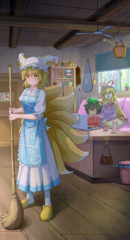 5girls absurdres against_glass alternate_costume anger_vein animal_ears animal_slippers apron bag bag_charm bamboo_broom baseball basket beauty_mask black_hair blonde_hair blue_apron blue_dress blue_eyes blue_hair book bow bowtie box broom cat_ears cat_slippers cat_teaser ceiling_fan charm_(object) chen cirno closed_eyes clover coffee_table commentary_request computer couch cup daiyousei door drawing_(object) dress duster fairy fumo_(doll) green_eyes green_hair green_hat handbag hat highres holding holding_broom hook indoors laptop long_hair looking_inside mob_cap multiple_girls multiple_tails multiple_views on_couch pillow plant potted_plant pout purple_bow purple_bowtie purple_sweater red_bow red_ribbon red_sweater ribbon saigyouji_yuyuko shelf shirt shutter_shades sitting slippers slit_pupils socks sweater sweeping table tail teacup thermos toorooo touhou trash_can white_dress white_shirt white_socks wooden_ceiling wooden_floor yakumo_ran yakumo_yukari yawning yellow_eyes yellow_slippers yin_yang