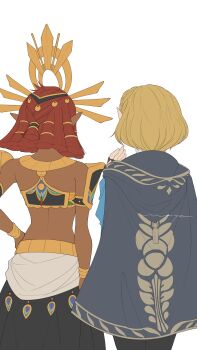 2girls absurdres black_gloves black_pants black_skirt blonde_hair blue_shirt bracelet cape commentary_request cowboy_shot dark-skinned_female dark_skin facing_away fingerless_gloves from_behind gloves grey_cape hand_on_own_hip hand_up headpiece highres jewelry maya_(mayamayammy) midriff multiple_girls nintendo pants pointy_ears princess_zelda red_hair riju shirt short_hair signature simple_background skirt the_legend_of_zelda the_legend_of_zelda:_tears_of_the_kingdom white_background