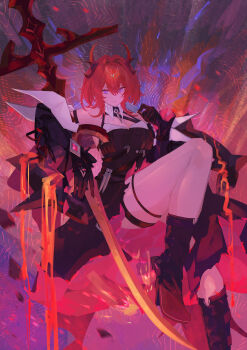 1girl absurdres ankle_boots arknights bare_shoulders black_boots black_dress black_gloves black_jacket boots breasts cleavage closed_mouth commentary_request detached_collar dress foot_out_of_frame gloves hair_between_eyes highres holding holding_sword holding_weapon horns jacket kira_guil large_breasts lava legs long_hair looking_at_viewer multicolored_dress multicolored_jacket open_clothes open_jacket purple_eyes red_horns solo surtr_(arknights) sword thighs two-tone_dress two-tone_jacket weapon white_dress white_jacket