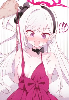 ! 1boy 1girl :o anger_vein animal_ears bare_arms bare_shoulders black_ribbon blue_archive blush bow breasts choker collarbone dress embarrassed flustered fur_shawl hair_ornament hair_ribbon halo highres karikura_(atatata71) loli long_hair mutsuki_(blue_archive) mutsuki_(dress)_(blue_archive) neck_ribbon nervous nervous_smile nervous_sweating nose_blush official_alternate_costume one_side_up open_mouth pointy_ears pov pov_hands pulling_another's_clothes red_dress ribbon ribbon_choker shawl simple_background sleeveless sleeveless_dress small_breasts smile spoken_exclamation_mark surprised sweat sweatdrop very_long_hair white_background white_hair wide-eyed