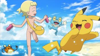 1girl beach blonde_hair bonnie_(pokemon) cleft_of_venus cloud completely_nude dedenne flat_chest froakie gen_1_pokemon gen_6_pokemon happy loli navel nintendo nipples nude nude_filter outdoors pikachu pokemon pokemon_(anime) pokemon_xy pussy short_hair sky third-party_edit water