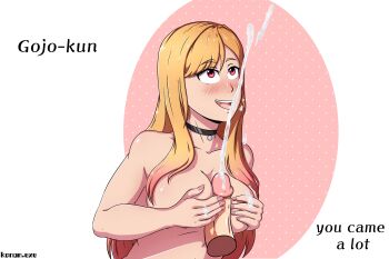 1boy 1girl artist_name blonde_hair blush breasts collarbone colored_tips cum disembodied_penis ejaculation english_text eyelashes grabbing_own_breast gradient_hair hetero kitagawa_marin konan_exe large_breasts long_hair looking_up multicolored_hair open_mouth paizuri penis pink_background pink_eyes pink_hair simple_background smile solo_focus sono_bisque_doll_wa_koi_wo_suru teeth two-tone_background two-tone_hair uncensored upper_body upper_teeth_only white_background