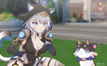 1girl animal_ears bell blue_eyes bow breasts cat_ears cat_girl chimera_(honkai:_star_rail) cipher_(honkai:_star_rail) cipher_(master_cat-thief)_(honkai:_star_rail) cleavage clothing_cutout commentary english_commentary fingerless_gloves gloves grey_hair honkai:_star_rail honkai_(series) horns ken-pai_(kenpai_arts) leotard medium_breasts outdoors signature smirk squatting thigh_strap thinking white_streaks