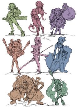 2boys 6+girls absurdres anby_demara animal_ears anton_ivanov baton_(weapon) black_hair braid burnice_white cat_boy circular_saw clothes_lift corin_wickes crop_top dress drill flamethrower gloves hair_between_eyes hair_ornament headphones highres holding holding_flamethrower holding_weapon jacket jane_doe_(zenless_zone_zero) knife limited_palette long_hair maid_headdress mouse_ears mouse_girl mouse_tail multiple_boys multiple_girls naginata panties pantyshot pencil_skirt polearm qingyi_(zenless_zone_zero) saw scared seth_lowell sharp_tail shield short_hair short_sleeves side_braids sketch skirt skirt_lift spear sword syoya tail thighhighs three_section_staff tsukishiro_yanagi twintails underwear weapon zenless_zone_zero