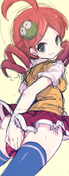 1girl ahoge andou_ringo apple blue_thighhighs covering_ass covering_privates dress drill_hair female_focus food fruit green_eyes grin hair_ornament hairclip highres looking_at_viewer looking_back madou_monogatari nakamura_sandayo name_connection object_namesake puyo_(puyopuyo) puyopuyo puyopuyo_7 red_dress red_hair short_hair sketch skirt smile solo sweater_vest thighhighs twin_drills twintails yellow_background