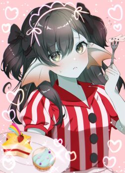 Rule 34 | 1girl, aqua eyes, aqua skin, black bow, black hair, blurry, bow, colored skin, commentary request, cupcake, depth of field, dessert, dragon quest, dragon quest x, fins, fish girl, flying sweatdrops, food, fork, frown, fruit, hair bow, head fins, heart, highres, holding, holding fork, holding plate, long hair, looking at viewer, looking to the side, nikon (user aznh7528), pink background, plate, puffy short sleeves, puffy sleeves, shirt, short sleeves, short twintails, solo, sparkle, star (symbol), strawberry, striped clothes, striped shirt, sweatdrop, twintails, upper body, vertical-striped clothes, vertical-striped shirt, waitress, weddie (dq10)