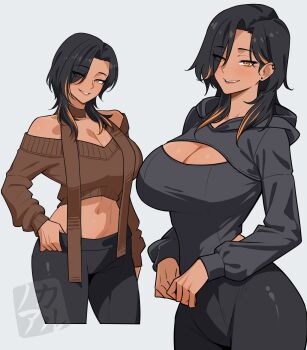 1girl absurdres bare_shoulders black_hair black_hoodie black_leggings breasts brown_sweater cleavage commentary cropped_legs cropped_sweater curtained_hair dark-skinned_female dark_skin ear_piercing earrings english_commentary hair_over_one_eye hand_on_own_hip highres hood hoodie hotaru_(nokaa_aru) jewelry large_breasts leggings looking_at_viewer medium_hair midriff mole mole_under_eye multicolored_hair multiple_piercings multiple_views navel nokaa_aru off-shoulder_sweater off_shoulder orange_eyes orange_hair orange_streaks original pants parted_lips piercing simple_background smile streaked_hair stud_earrings sweater white_background wolf_cut
