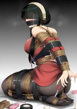 1girl absurdres arms_behind_back ass bagelbomb bdsm between_buttocks blindfold blush bondage bound breasts eye_taped_shut gag gagged highres improvised_gag large_breasts non-web_source rope shibari solo spy_x_family tape tape_bondage tape_gag taped_arms tied_up_(nonsexual) yor_briar