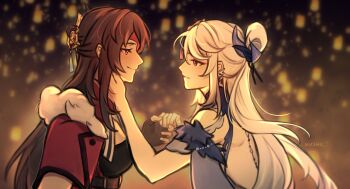 Rule 34 | 2girls, beidou (genshin impact), blue dress, brown hair, commentary, dress, genshin impact, hair ornament, hand on another's face, highres, lantern, long hair, michifu, multiple girls, ningguang (genshin impact), ningguang (orchid's evening gown) (genshin impact), official alternate costume, paper lantern, red dress, red eyes, sky lantern, untranslatable commentary, white hair