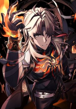 1boy absurdres alternate_form bandages belt blade_(honkai:_star_rail) bracelet chest_markings clenched_hand colored_skin commentary earrings fire grey_eyes grey_hair grey_skin grin hair_over_one_eye hand_up highres honkai:_star_rail honkai_(series) jacket jewelry long_hair male_focus monyo_ex mortenax_blade_(honkai:_star_rail) official_alternate_eye_color official_alternate_hair_color official_alternate_skin_color open_clothes open_jacket smile tassel untranslatable_commentary very_long_hair white_hair