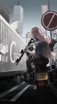 Rule 34 | 1girl, absurdres, anni de chengzi mao, ar-15, black shoes, black socks, girls' frontline, gun, highres, long hair, m4 sopmod ii (girls' frontline), motor vehicle, motorcycle, pink hair, rifle, road sign, shoes, sign, sitting, sky, socks, st ar-15 (girls' frontline), weapon