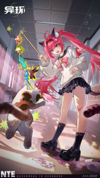 Rule 34 | 1girl, absurdres, ahoge, animal ear fluff, animal ears, armband, bandaid, bandaid on knee, bandaid on leg, black sailor collar, black skirt, black socks, bow, bowtie, cat, cat ears, cat teaser, ceiling, chair, day, desk, door, falling petals, fingernails, floor, full body, hair ornament, hallway, hand on own hip, highres, indoors, loafers, long hair, looking at object, nail polish, nanally (neverness to everness), neverness to everness, official art, official wallpaper, open mouth, petals, pink armband, pink bow, pink bowtie, pink hair, pink nails, pink petals, red eyes, red hair, sailor collar, school, school chair, school desk, shadow, shoes, skirt, socks, solo, sunlight, sweater, tail, white sweater, window, x hair ornament