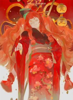 closed_eyes floral_print floral_print_kimono folding_fan fur-trimmed_kimono fur_trim furisode guguzi hand_fan happy_new_year highres japanese_clothes kimono long_hair new_year obi original print_kimono red_hair red_kimono rope sash shimenawa smile thick_eyebrows very_long_hair