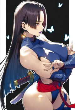 1girl ai-assisted ass blue_leotard breasts bug butterfly curvy female_focus highleg highleg_leotard highres insect large_breasts leotard long_hair marvel marvel_rivals psylocke psylocke_(marvel_rivals) psylocke_(vengeance) revealing_clothes sheath sheathed shiny_skin solo standing sword thick_thighs thighs thong_leotard warotamin3 weapon wide_hips