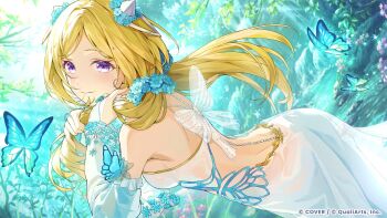 1girl aki_rosenthal artist_request back_cutout blonde_hair blue_flower breasts bug butterfly clothing_cutout commentary_request day detached_sleeves dress flower gold_trim hair_flower hair_ornament headgear highres holding_own_hair hololive hololive_dreams insect large_breasts long_hair low_twintails official_alternate_costume official_alternate_hairstyle official_art outdoors purple_eyes second-party_source sideboob sleeveless sleeveless_dress solo twintails virtual_youtuber water waterfall white_dress