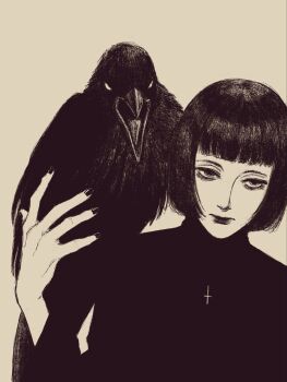 1girl animal animal_on_shoulder bird black_hair black_outline bob_cut cross cross_necklace crow highres jewelry long_hair long_sleeves looking_at_viewer necklace open_mouth original outline short_hair tp_p_pt