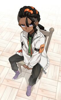 1boy absurdres black_hair black_pants black_shirt blush chair closed_mouth coat collared_shirt commentary_request dark-skinned_male dark_skin elosia eyelashes full_body green_necktie highres long_hair long_sleeves looking_at_viewer looking_up male_focus naveen_(pokemon) necktie nintendo open_clothes open_coat orange_vest pants pokemon pokemon_legends:_z-a purple_eyes purple_shoes shirt shoes sitting solo vest white_coat
