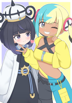 2girls canari_(pokemon) coat gwynn_(pokemon) hat highres mega_stone multiple_girls nintendo nisan_ga6 pokemon pokemon_legends:_z-a purple_eyes short_hair white_coat