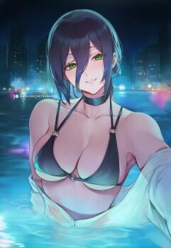 1girl armpits bare_shoulders bikini black_bikini black_choker breasts chainsaw_man choker city_lights cityscape dripping green_eyes head_tilt highres lake looking_at_viewer medium_breasts night purple_hair reze_(chainsaw_man) setsuaiart short_hair sky solo swimsuit water