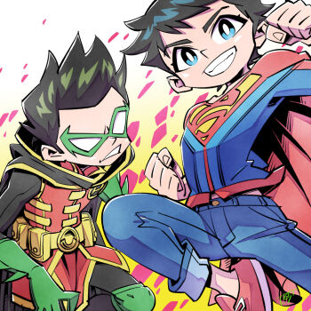 2boys abstract_background batman_(series) belt black_hair blue_eyes blue_pants cape child clenched_hand damian_wayne dc_comics denim eye_mask gloves gradient_background green_gloves hood hood_down hooded_cape jeans jonathan_kent knee_pads looking_at_viewer male_focus mask multiple_boys pants red_cape red_footwear robin_(dc) signature smile spiked_hair sunafuki_tabito super_sons superboy superhero_costume superman_(series) superman_logo utility_belt