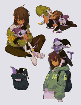 1boy 1other allhailjotman backpack bag bandaid bandaid_on_hand bite_mark bite_mark_on_hand black_bag black_cape black_hat black_shorts brown_hair brown_pants cape cardigan carrying closed_mouth clown clown_boy collared_shirt colored_skin colored_teeth cropped_torso deltarune fingernails frown full_body gloves green_cardigan grey_background grey_skin grin hat high_heels highres hollow_eyes hood hood_down hooded_cardigan jester jester_boy jester_cap jevil knees_apart_feet_together kris_(deltarune) long_sleeves looking_at_another medium_hair pants pointy_ears puffy_long_sleeves puffy_sleeves purple_gloves purple_hat purple_tail scar_across_eyes sharp_teeth shirt shoes shorts shoulder_carry simple_background sitting sleeves_past_wrists smile socks striped_clothes striped_pants suspenders sweat tail teeth two-tone_headwear utdr_(toby_fox) vertical-striped_clothes vertical-striped_pants white_footwear white_shirt white_socks yellow_eyes yellow_shoes yellow_teeth