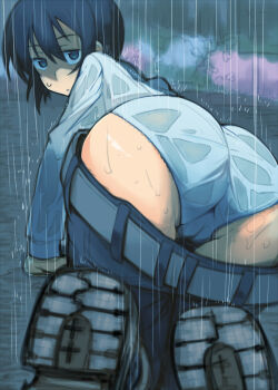 00s 1girl all_fours ass belt black_hair blue_eyes boots cameltoe clothes_pull dress_shirt female_focus flower grey_eyes hydrangea kino_(kino_no_tabi) kino_no_tabi looking_back outdoors panties pants pants_pull rain shirt shoes short_hair solo underwear wet wet_clothes yugami_gooshu