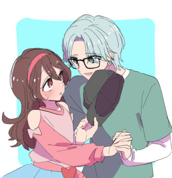 1boy 1girl bare_shoulders baseball_cap black_hat blue_background blush brown_hair couple dating earrings flirting glass green_hair hair_between_eyes hat headband heart_pouch hibiki_kaito holding holding_baseball_cap holding_hands holding_unworn_clothes holding_unworn_hat hoop_earrings jewelry kimi_to_idol_precure long_sleeves looking_at_another looking_to_the_side mario_(198609044) mature_male nervous nervous_sweating open_mouth parted_bangs pink_headband pink_ribbon pink_shirt precure ribbon sakura_uta_(precure) shirt short_hair smile smirk sweat sweatdrop talking teeth unworn_hat unworn_headwear upper_teeth_only whispering