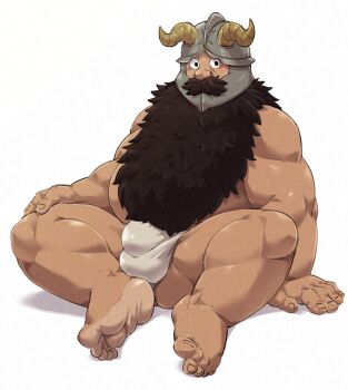 1boy absurdres bara beard big_belly calves covered_penis dungeon_meshi dwarf facial_hair fake_horns fat fat_man feet full_body helmet highres horned_helmet horns jumperbear long_beard looking_at_viewer male_focus muscular muscular_male mustache senshi_(dungeon_meshi) sitting solo spread_legs thick_mustache thick_thighs thighs topless_male very_long_beard