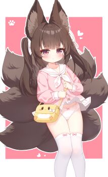 1girl absurdres amagi-chan_(azur_lane) animal_ear_fluff animal_ears azur_lane bag bow bow_panties brown_hair clothes_lift fox_ears fox_girl fox_tail highres loli long_hair multiple_tails panties pink_shirt qian_hen shirt solo tail thighhighs twintails underwear white_thighhighs wind wind_lift