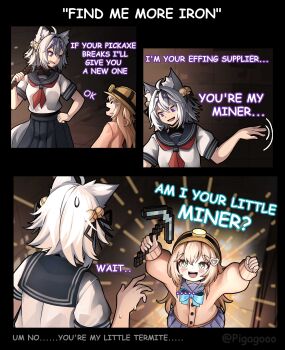 ... 2girls absurdres animal_ear_fluff animal_ears aqua_bow aqua_bowtie bell blue_eyes blue_sailor_collar blue_skirt bow bowtie brown_hair cardigan cat_ears cat_girl cat_tail commentary english_commentary english_text filian_(vtuber) hair_bell hair_between_eyes hair_ornament heart heart_hair_ornament highres holding holding_pickaxe indie_virtual_youtuber long_hair long_sleeves minecraft multiple_girls neckerchief neuro-sama open_mouth pickaxe pigagooo pleated_skirt purple_eyes red_neckerchief sailor_collar school_uniform serafuku short_hair short_sleeves skirt sparkling_eyes tail twitter_username underground vedal_ai virtual_youtuber white_hair white_serafuku x_hair_ornament yellow_cardigan