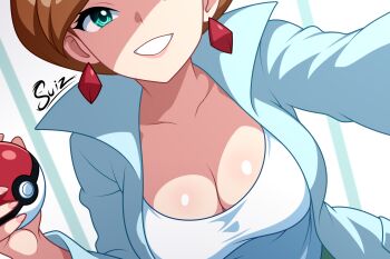 1girl artist_name breasts brown_hair cleavage coat earrings green_eyes highres holding holding_poke_ball jewelry lab_coat large_breasts long_sleeves looking_at_viewer nintendo open_clothes open_coat poke_ball poke_ball_(basic) pokemon pokemon_bw professor_juniper shirt short_hair signature solo su1zide white_coat white_shirt