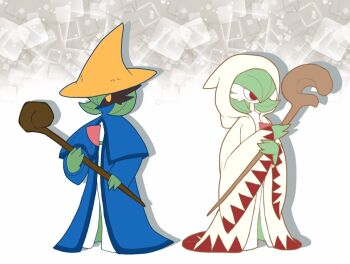 Rule 34 | 2girls, alternate costume, black mage (final fantasy), black mage (final fantasy) (cosplay), black skin, blank eyes, blue capelet, blue cloak, bob cut, capelet, cloak, colored skin, cosplay, drop shadow, female focus, final fantasy, flat chest, gardevoir, gen 3 pokemon, gradient background, green hair, green skin, hair over one eye, hand up, hands up, hat, holding, holding staff, hood, hood up, hooded cloak, long sleeves, monya, multicolored skin, multiple girls, nintendo, no mouth, one eye covered, orange eyes, orange headwear, pokemon, pokemon (creature), red eyes, short hair, staff, two-tone skin, white background, white cloak, white mage (final fantasy), white mage (final fantasy) (cosplay), white skin, wide sleeves, witch hat