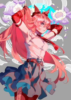 1girl absurdres arm_behind_head armpits blue_eyes blue_skirt bow breasts closed_mouth collared_shirt commentary cowboy_shot detached_sleeves flower grey_background hair_bow hashtag-only_commentary highres long_hair looking_at_viewer lydialing_draws original parted_bangs pink_hair red_bow shirt skirt sleeveless sleeveless_shirt small_breasts solo sunflower white_shirt