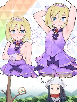 2girls akari_(pokemon) armpits bare_tree black_hair blonde_hair blue_eyes closed_mouth commentary_request eyelashes gen_7_pokemon grey_eyes hair_between_eyes headscarf highres irida_(anniversary_2025)_(pokemon) irida_(pokemon) jacket kutabireta_neko long_hair multiple_girls multiple_views nintendo nipples official_alternate_costume pokemon pokemon_(creature) pokemon_legends:_arceus pokemon_masters_ex red_scarf rowlet scarf sidelocks smile speech_bubble textless_version thought_bubble tree