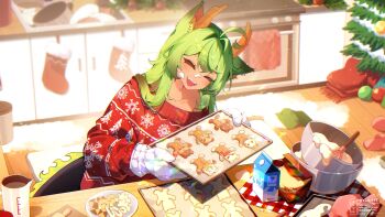 1girl absurdres animal_ear_fluff animal_ears artist_name baking baking_sheet chickpea_(vtuber) christmas_stocking christmas_sweater closed_eyes commission cream cream_on_face dragon_girl dragon_horns dragon_tail drink_carton earrings food food_on_face glint green_hair highres horns indie_virtual_youtuber jewelry kitchen long_hair measuring_cup milk_carton mixing_bowl open_mouth oven_mitts plate red_sweater smile solo sweater tail teeth twitter_username upper_teeth_only vgen_commission virtual_youtuber weiic wooden_floor